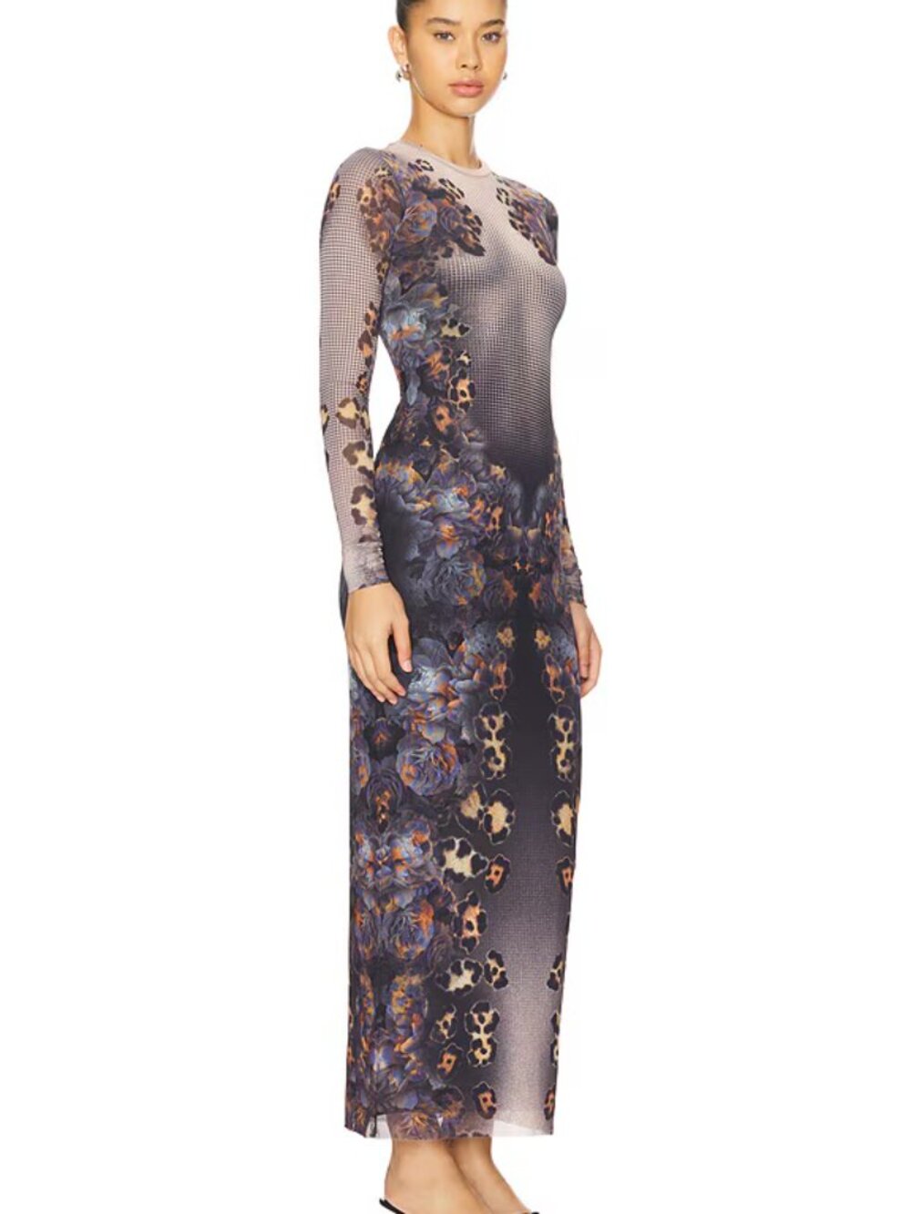 AFRM Didi Long-Sleeve Floral Mesh Maxi Dress Nude Leopard Bodycon  Size XS - Picture 4 of 4